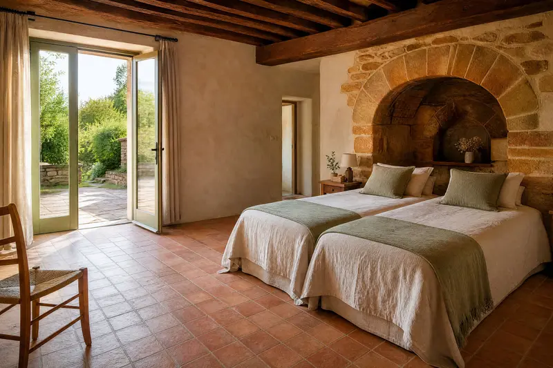La chambre Le Fournil : deux lits jumeaux en lin devant la voûte de pierre de l'ancien four à pain, sol de tomettes, porte-fenêtre ouverte de plain-pied sur la terrasse.
