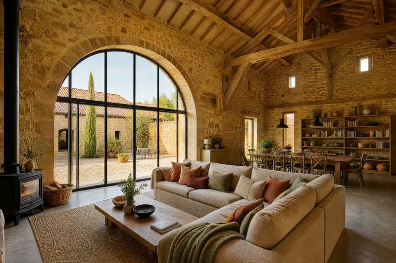 Le séjour du gîte La Grange : grande verrière en arc ouverte sur la cour, charpente apparente, murs de pierre, canapé d'angle en lin, poêle à bois, longue table en chêne et bibliothèque.