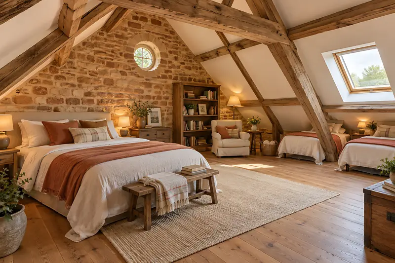 La suite Le Grenier sous la charpente de chêne : grand lit au plaid terracotta, deux lits simples sous la pente, fauteuil et bibliothèque près du pignon de pierre à œil-de-bœuf.