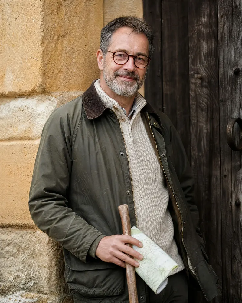 Portrait de Yannick devant le mur de pierre de la longère.