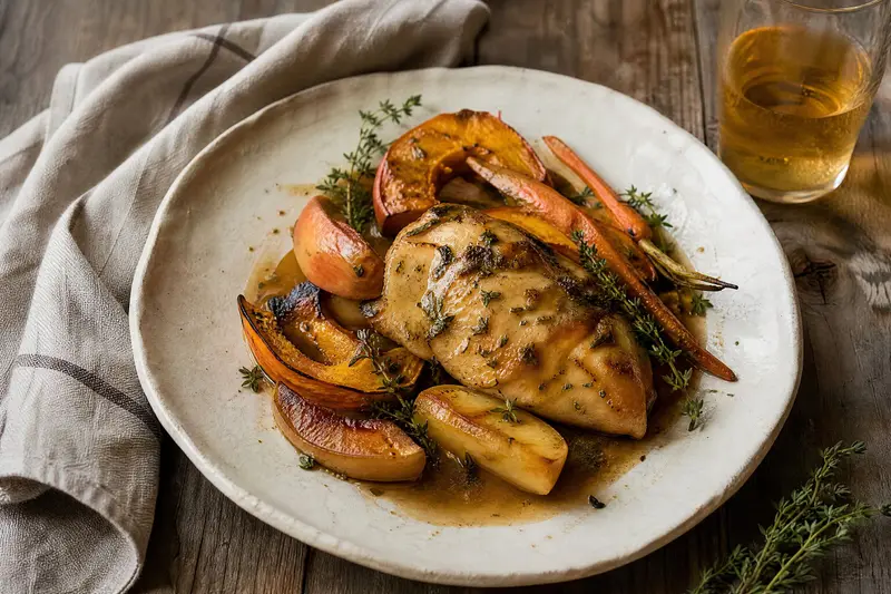 Le plat du menu d'automne : volaille fermière au cidre, quartiers de pommes et de courge rôtis, thym, dans une assiette en grès, un verre de cidre à côté.