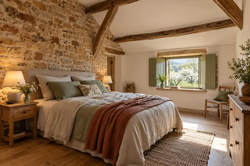 La chambre Les Pommiers : grand lit en lin écru et vert sauge, plaid terracotta, mur de pierre, poutres, fenêtre aux volets verts ouverte sur les pommiers en fleurs.