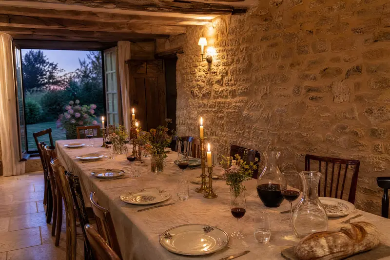La table d'hôtes dressée pour le dîner : nappe de lin, bougies, assiettes anciennes, carafes de vin et pain, mur de pierre et porte ouverte sur le jardin au crépuscule.